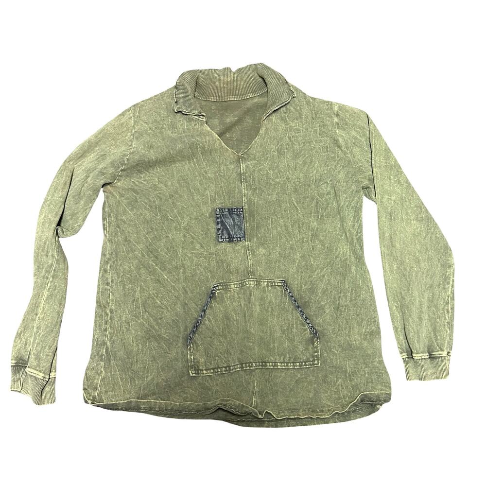 Vintage Acid Wash Collared V Neck Top Mens Medium Green Gray Pocket Boho